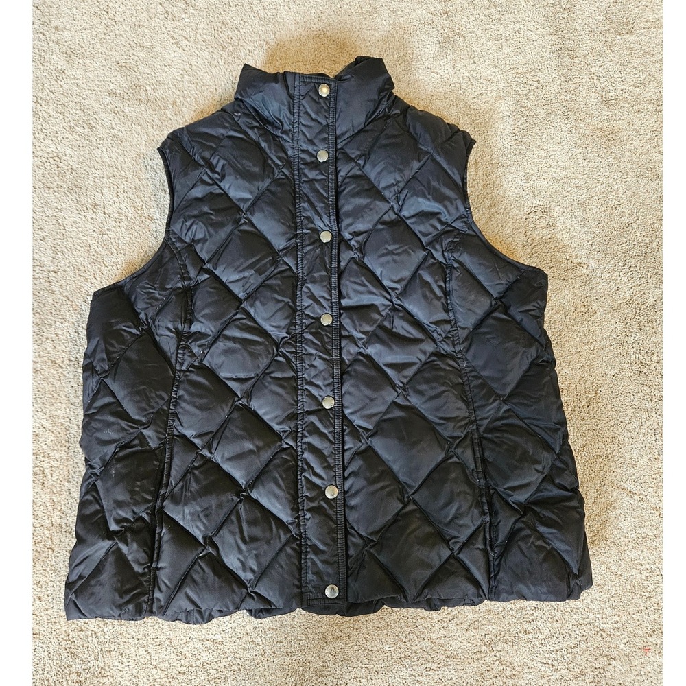 Lands' End Quilted Down Vest Women XL Black Puffer Snap Front Lightweight Winter